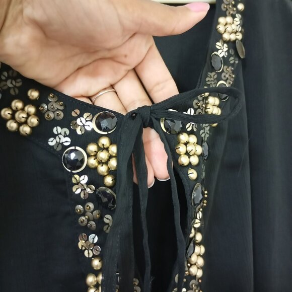 Marineblu Blouse Tunic Preppy Bohemia Black Chiffon Embellished Size M Womens - Picture 5 of 7